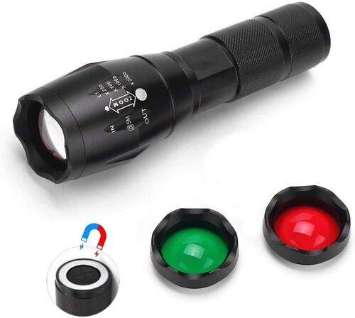 Multi-Coloured Torch With Filter Green, Red, Green, White, 1000 Lumens, Powerful Flashlight With Magnet, Three-Colour Signal Lamp With Zoom Night Vision, Hunting And Reading