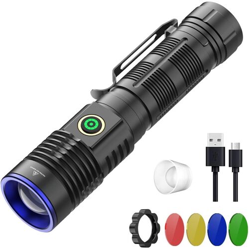 Tactical Led Flashlight Multi Color 5 In 1 Powerful Rechargeable Torch High Power Green White Red Yellow Blue 4 Modes Zoom Flashlight Waterproof For Astronomy Hunting