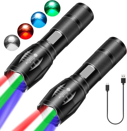 Lampe de poche LED 4 en 1 : lot de 2 lampes de poche multifonctionnelles avec lumière rouge, vert, bleu, blanc, lampe de poche étanche super lumineuse, mise au point réglable Lampe de poche LED