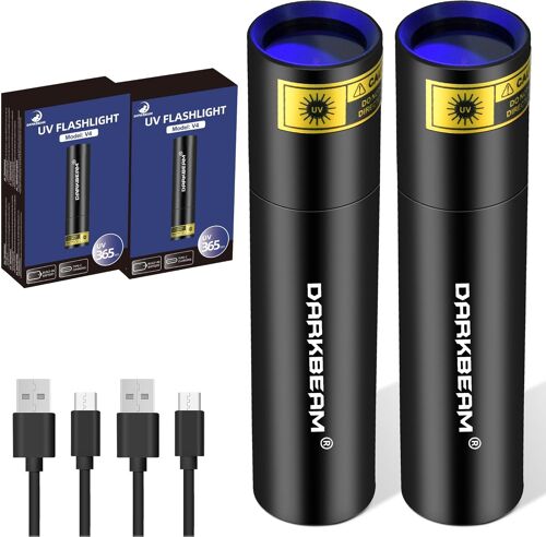 Lampe Torche UV 365nm Lumière Noire, Mini Lampes de Poche Puissante USB Rechargeable, Lampe Wood LED ultraviolette, Détecteur pour Urine, Ambré, Roches, Verre d'Uranium, Résine, V4, 2 Paquets