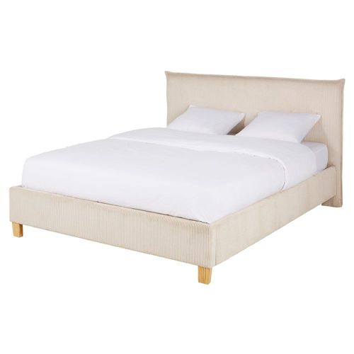 Lit Coffre En Velours Côtelé Beige 140 Avec Sommier À Lattes