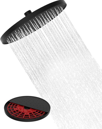 Pomme de douche à effet pluie autonettoyante, pomme de douche fixe de 25,4 cm, pommeau de douche rond puissant haute pression avec mécanisme autonettoyant, noir