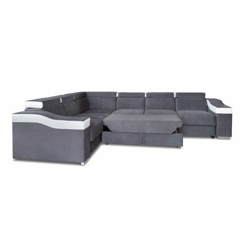 Canapé D'angle Convertible 6 Places En Velours Gris, Blanc