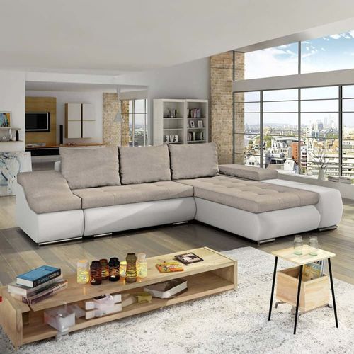 Canapé D'angle Convertible 5 Places En Bi-Matière Beige, Blanc