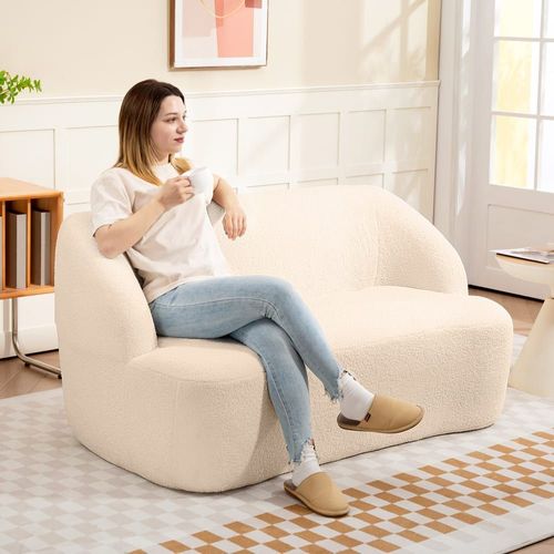 Canapé 2 Places Incurvé Aucun Assemblage Requis Tissu Bouclette Beige