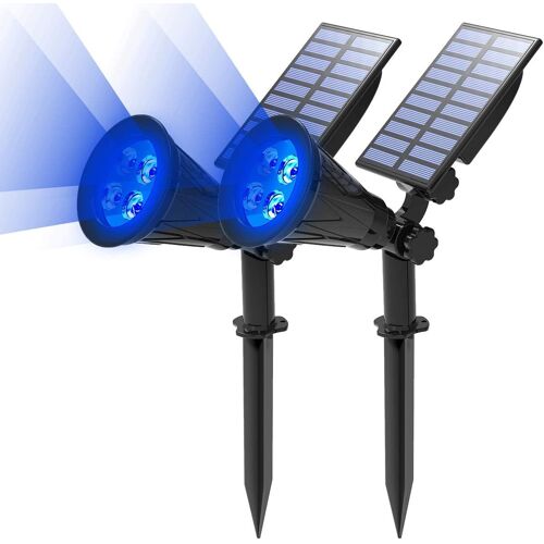 Spot Solaire 2 Packs Lampe Solaire Extérieur Projecteur Solaire Exterieur 4 Led, Etanche Ip65, 2 Modes D'éclairag, 180° Réglable, Eclairage Extérieur Solaire Pour Arbre, Jardin, Chemin(Bleu)