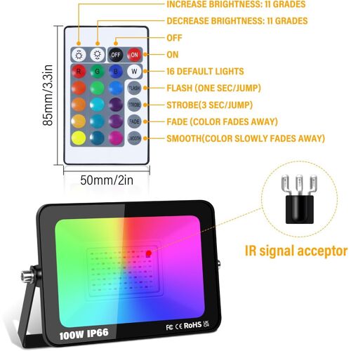 1 Pack 100w Rgb Projecteur Led Extérieurs Avec Télécommande, Exterieur & Interieur 16 Couleurs 4 Modes Rgbw Lumière De Projecteur, Neon Spot Led Pour Jadin, Terrasse, Patio, Ip66 Étanche