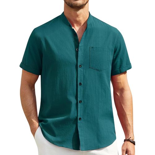 Jfkjg-Hommes Chemises Manche Courte Chemise Lin Homme Solid Henley Shirts Été Col Mao Chemise De Plage Classique S-4xl