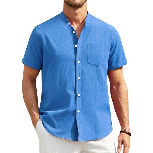 Jfkjg-Hommes Chemises Manche Courte Chemise Lin Homme Solid Henley Shirts Été Col Mao Chemise De Plage Classique S-4xl