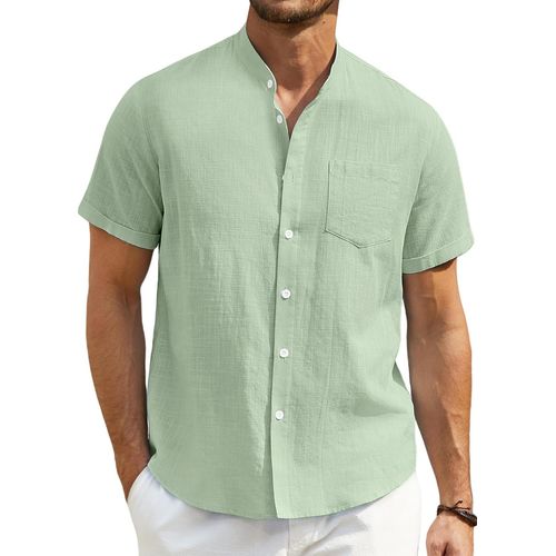 Jfkjg-Hommes Chemises Manche Courte Chemise Lin Homme Solid Henley Shirts Été Col Mao Chemise De Plage Classique S-4xl