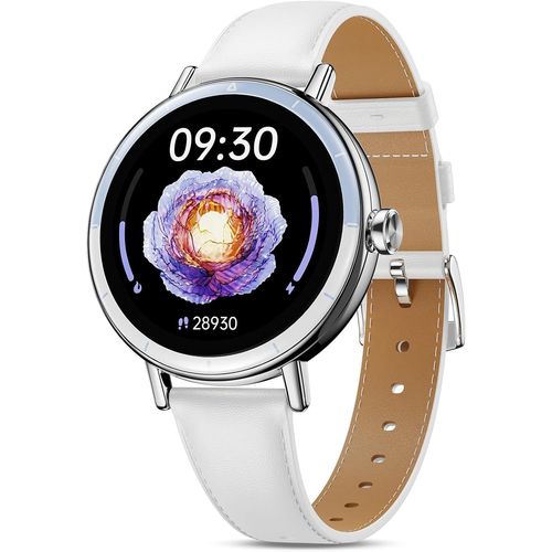 Montre Connectée Femme, 1,27'' Hd Smartwatch Petit Poignet Ronde Avec Cycle Menstruel/Spo2/Fréquence Cardiaque/Sommeil/Podomètre/100+ Modes Sportifs/Ip68 Pour Android Ios, Argent/Blanc