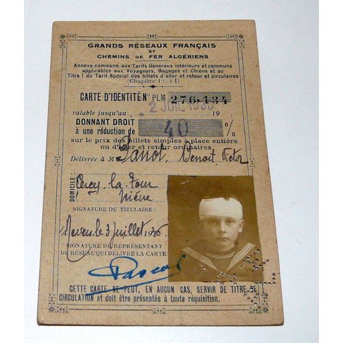 Carte D'Identité Plm Et Grands Réseaux Français De 1936