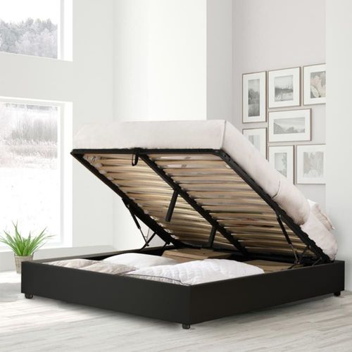 Lit Coffre Simili Cuir Noir Avec Cadre À Lattes 160x200 Cm