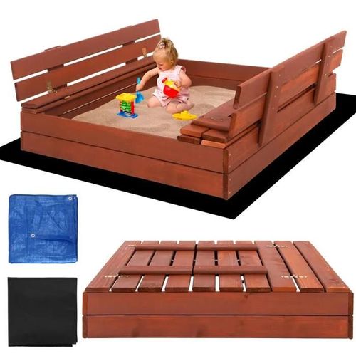 Springos® Bac À Sable En Bois Premium Avec Bancs 100x100 Cm Bois Imprégné Avec Géotextile Et Bâche Aire De Jeux Pour Enfants ¿Marron