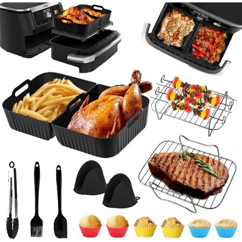 KALANKA-Accessoires air fryer ninja dual 10,4L, 15PCS Accessoires Air Fryer pour Ninja Foodi Double Zone AF500EU, Accessoires pour Friteuse à Air avec Moule Silicone, Grill, grille vapeur, pinceau à