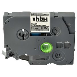 vhbw Ruban compatible avec Brother PT H101C, H101GB, H101TB, H105, H101LB imprimante d'étiquettes 8m x 9mm Noir sur Argent, laminée