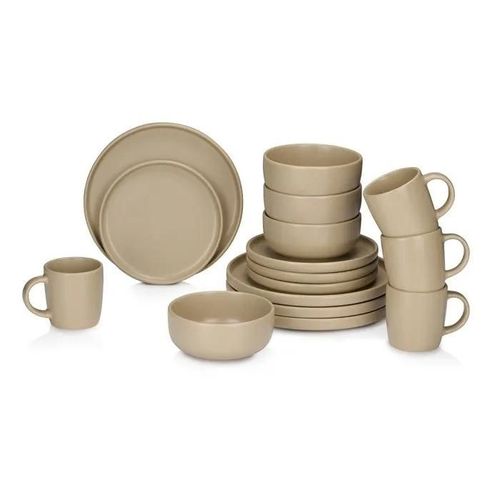 alpina Service de Table 16 Pièces Ensemble de Vaisselle pour 4 Personnes - Vaisselle en Faïence - Assiettes à Petit Déjeuner, Assiettes à Dîner, Bols et Tasses - Sable