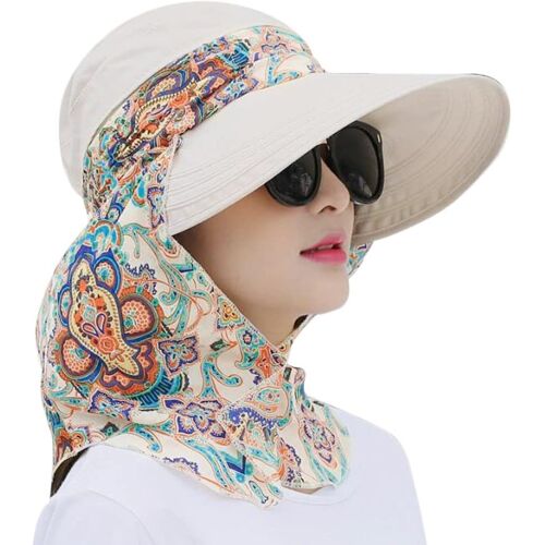 KAL-Femme Chapeau De Soleil Pliable Anti-Uv Casquettes Visières Large Bord Upf 50+ Avec Protecteur De Cou Détachable Capeline De Camping Pêche Pour Cyclisme Vélo Randonnée Voyage Plage