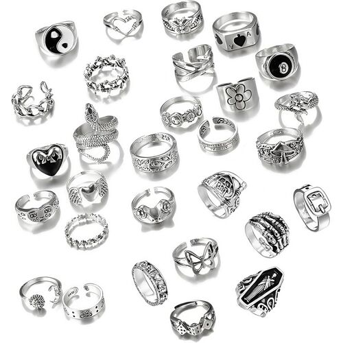 Kal-Y2k Lot De 29 Bagues, Accessoires De Décoration, Accessoires Emo, Bagues En Argent, Hommes Et Femmes, Peuvent Porter Des Bijoux, Argent, Nouveaux Motifs, Crâne, Fleurs, Serpents, Etc