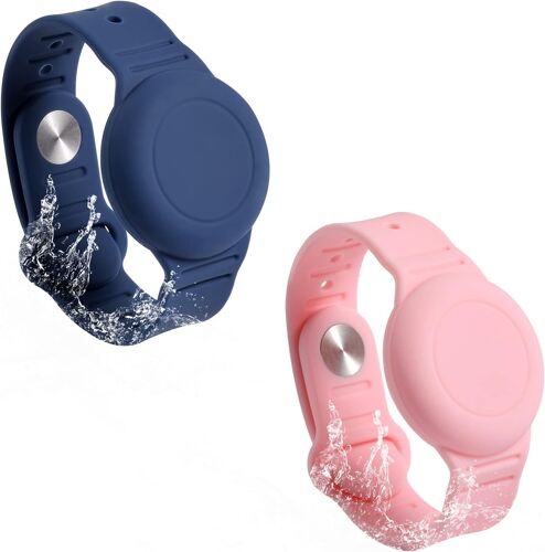 VornixorSarlshop-2pcs Bracelet pour Enfants pour AirTag, Étanche Silicone Aînés Réglable Anti-Perte Support pour Cacher Le Traqueur GPS (Rose, Bleu Foncé)