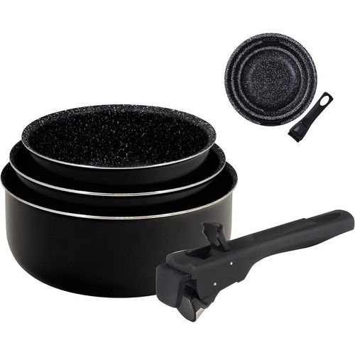Letnerny-Lot De 3 Casseroles Antiadhésives En Aluminium Pressé (16+18+20cm) - Adaptées À L'induction - Manche Amovible - Noir
