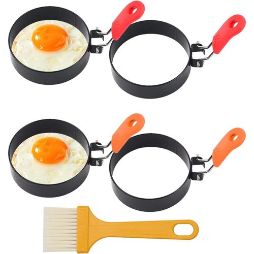 ASFASFq-Lot de 4 Anneaux D'oeuf Antiadhésifs 7.6cm Anti-Brûlure Moule Oeuf Avec Brosse à Huile et Poignée Pliable Moule Pancake en Acier Inoxydable Moule Oeuf au Plat pour Oeuf au Plat Pancakes Omele