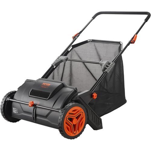ASFASFq-VEVOR Balayeuse à Gazon 99 L Balai Ramasseur Herbes avec Sac de Collecte Largeur Balayage 53,5 cm Brosse Rotative Réglable en Hauteur Roues 25 cm pour Pelouse Jardin Feuilles Débris Secs 112x