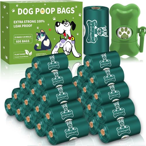 Letnerny-600 Pièces Sac A Crottes Chien,24 Rouleaux,Avec 1 Distributeur De Sac Ramasse-Crottes Pour Chiens,Garantis Anti-Fuites Et Extra Épais Pour Sacs À Déjections Canines,Parfumé,Vert Foncé