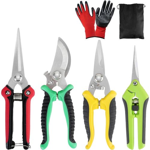 4pcs Secateur de Jardin, Coupe Branche Cisaille de Jardin avec Gants et Sac de Rangement, Ciseaux Jardinage Acier Inoxydable, Sécateur Jardin Cisaille Haie Taille Haie Manuel pour La Taille