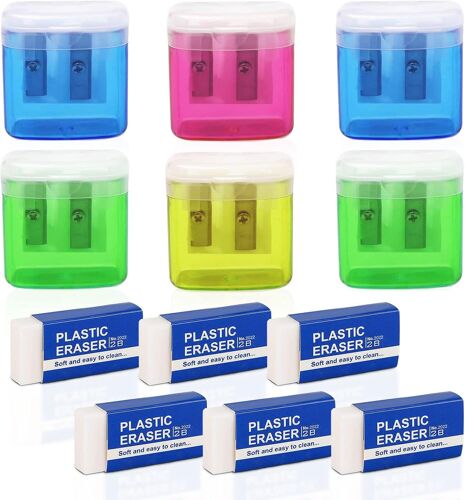 Kalanka-Lot De 6 Taille-Crayons Manuels Colorés À Deux Trous Avec Couvercle Et 6 Gommes En Plastique Blanc, Pour Enfants, Étudiants, École, Maison, Bureau (Multicolore)