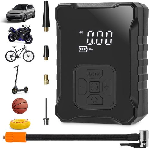 Gonfleur Electrique, Mini compresseur d'air 150PSI Pompe à vélo électrique avec affichage LED numérique Lumière LED Compresseur de batterie 3600mAh pour voiture, vélo, moto, basket-ball, football