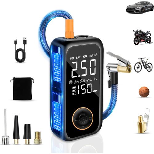 Gonfleur Pneus Voiture Sans Fil, 8000mAh Mini Compresseur à Air Portatif, 150PSI Pompe a Velo Electrique