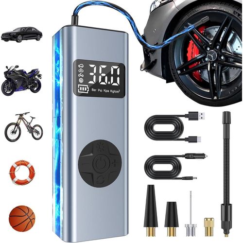 HYCHIKA Mini Compresseur à Air Portatif, 12V 6000mAh Gonfleur Pneus Voiture Gonfleur Electrique Pompe a Velo 150PSI avec Écran LCD + Lampe LED, 4 Modes pour Voiture, Velo, Moto, Balle