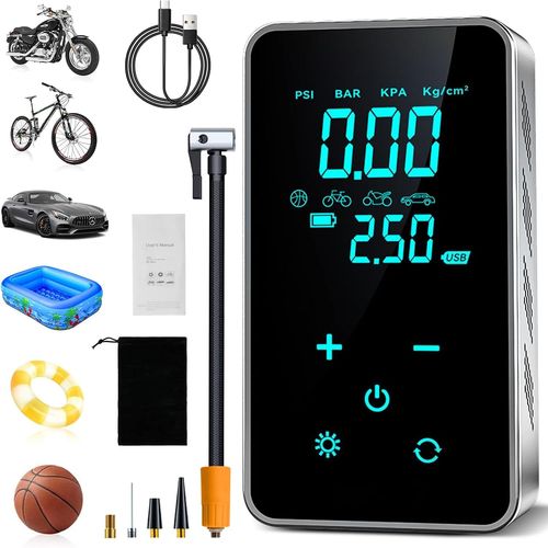 Compresseur à Air Portatif, 150PSI Gonfleur Electrique Pneus, Pompe a Velo Electrique, Compresseur d'air Électrique de Pompe à Air Sans Fil avec Écran Tactile/Éclairage pour Moto Vélo Auto