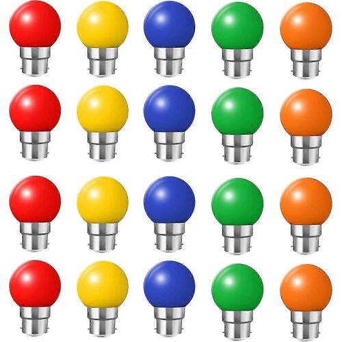 Paquet de 20 ampoules LED à baïonnette B22 1W G45 pour veilleuse (orange,rouge,vert,bleu,jaune)