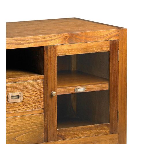 Meuble Tv 2 Portes Et 3 Tiroirs En Bois Marron L 150 Cm