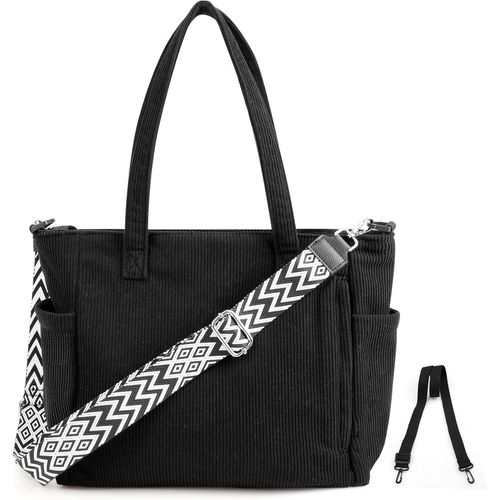 Senior-Tote Bag Sac En Velours Côtelé,Sac Cabas Femme Grand Format Bandouliere Cabas Homme Sac Fourre Tout Avec Fermeture Éclair Et Poches,Bandoulière Réglable Pour École, Travail, Shopping[L483]