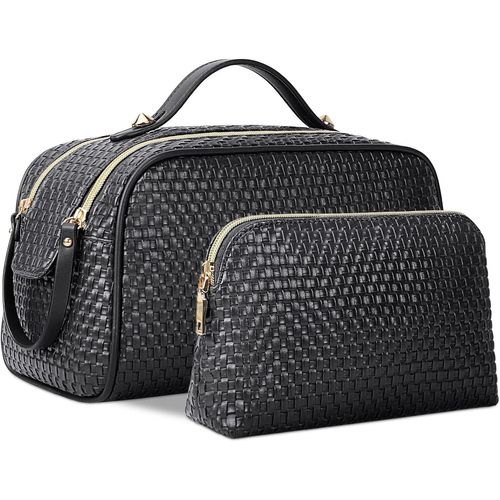 Trousse De Toilette Femme Pour Voyage Trousse De Maquillage Grande Capacité Sac À Cosmétiques Maquillage Imperméable Pu 2 Pièces Noir