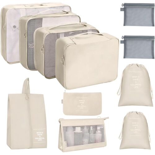11Pcs Organisateur De Val , Étanche Organisateur De Voyage, Sac Rangement Val , Organ Urs De Bagage, Organisateur Val Pour Vêtements Cosmétique Chaussure (Beige, Gris)