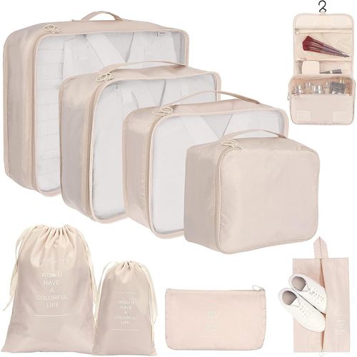 nzqaf-Organisateur de Voyage, Lot de 9 Organiseurs de Bagage pour Voyage, Sacs Rangement de Valise Voyage, Packing Cubes pour Les Vêtements, Chaussures et Cosmétiques, Beige