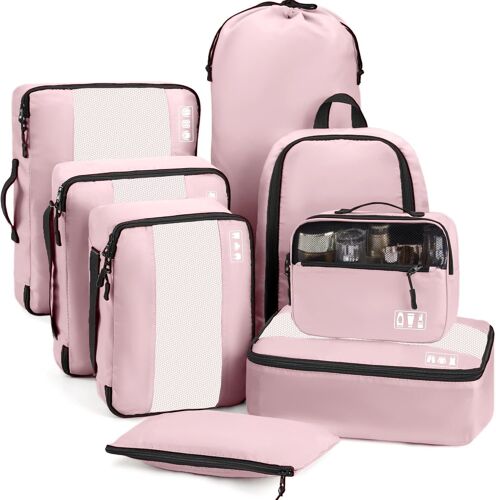 Organisateur De Val 8 Pièces, Rangement Val Organisateur Pour Les Voyages Et Les Vacances, Packing Cubes Avec Sac À Chaussures Et Sac À Cosmétiques, Voyage Accessoires, Rose