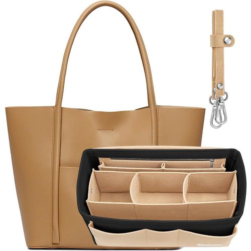 nzqaf-Simboom Organisateur de Sac à Main pour Femmes, Sac de Rangement Intérieur Bag in Bag pour iPad Mini, cosmétiques, Portefeuille, Parfum, Téléphone, Clés (Noir et Beige, M)