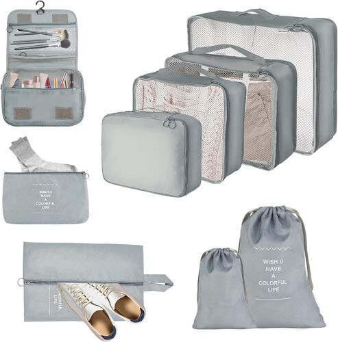 Organisateur Val Lot De 9 Imperméable Organisateur De Voyage Packing Cubes Organ Ur, Sacs À Vêtements, Bon Pour Les Vêtements, Les Cosmétiques, Les Chaussures, Les Sous-Vêtements, Gris