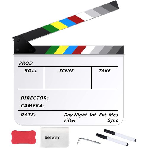 NEEWER Kit de Planche à clapet pour réalisateurs de Films acryliques, Clin de scène d'action en Plastique de12 x10, Une Gomme magnétique,2 stylos, Un Chiffon de Nettoyage, Une clé hexagonale(Blanc)