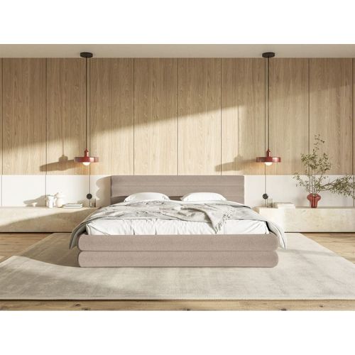 Lit Coffre 160x200 Cm - En Tissu Chenille Beige