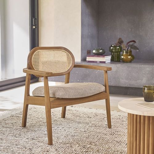 Fauteuil En Teck Massif, Cannage Et Tissu Grège
