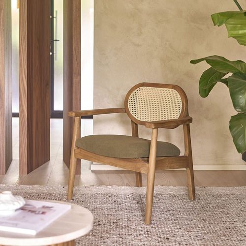 Fauteuil En Teck Massif, Cannage Et Tissu Velours Côtelé Kaki