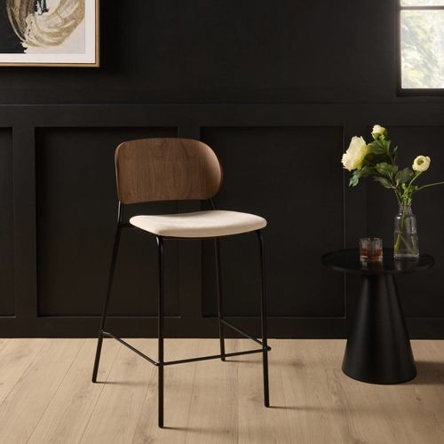 Chaise D'îlot 65 Cm Tissu Écru Dossier Noyer Et Pieds Métal