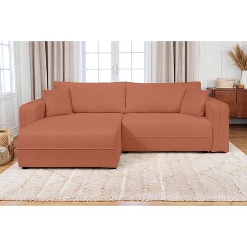 Canapé D'angle Convertible 4 Places En Tissu Bouclette - Terracotta