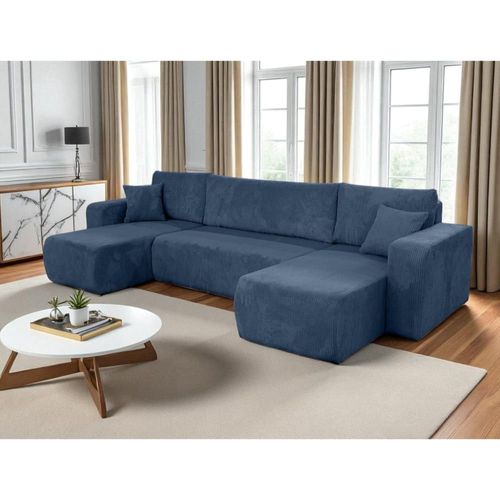 Canapé D'angle Panoramique Convertible 6 Places Velours Côtelé Bleu